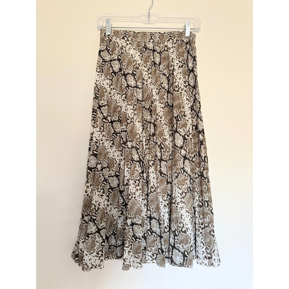 Banana Republic Snakeskin Pleated Midi Skirt Brown Animal Print Women's 0 Petite